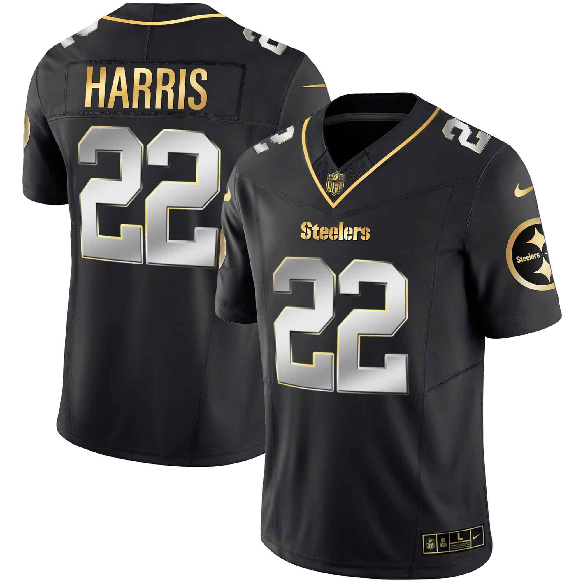 Men Pittsburgh Steelers #22 Harris Black Gold 2024 Nike Vapor Limited NFL Jersey style 1